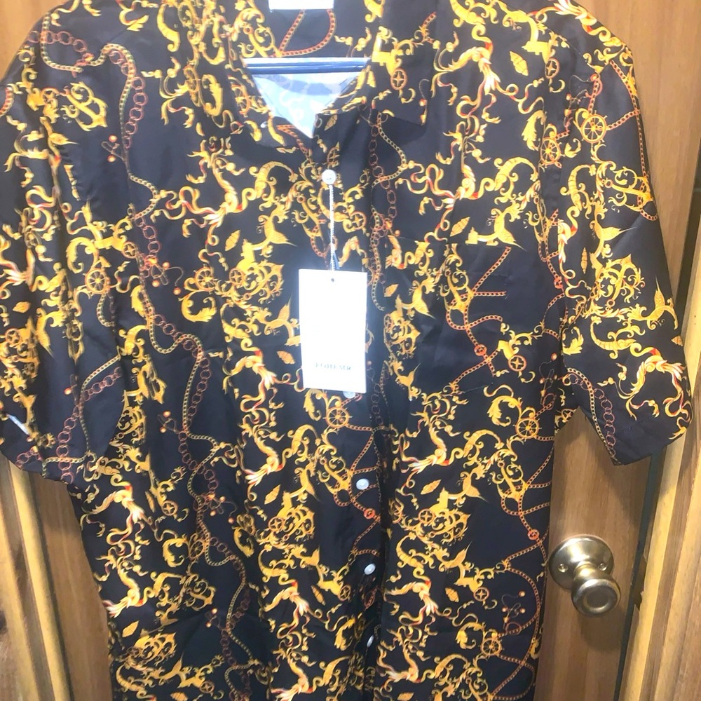 Mens Fohemr Shirt Reg Fit Black And Gold Button Up Size XL